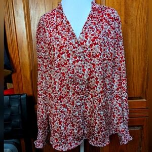 Cooper&Ella L red/peach microfloral cottagecore ruffle trim longsleeve flowy top